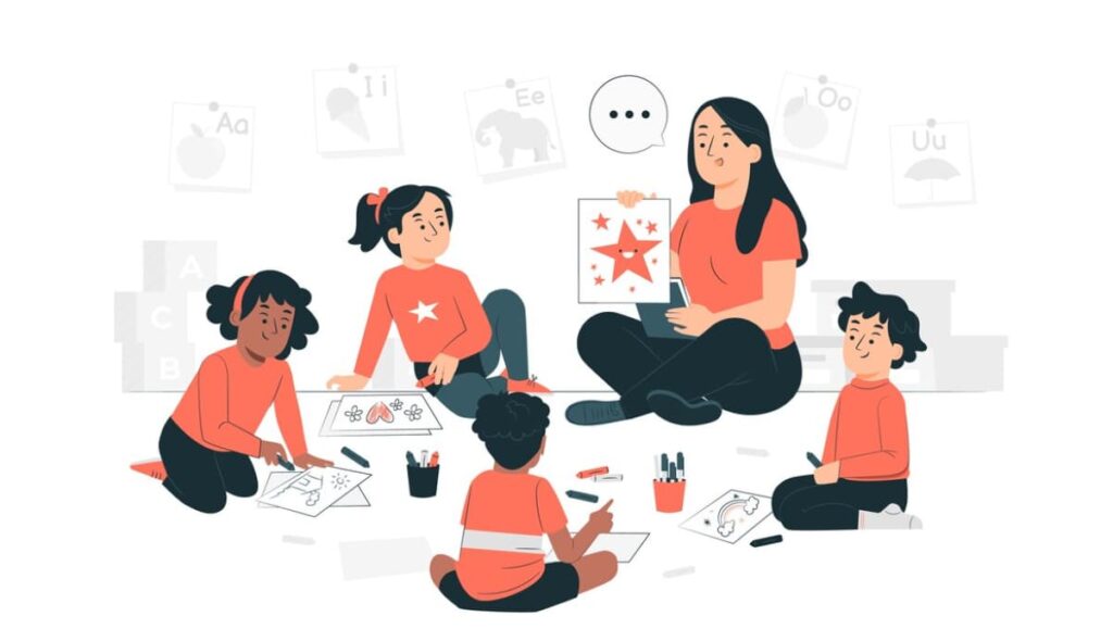 The character shows a picture of stars, children paint and look at her